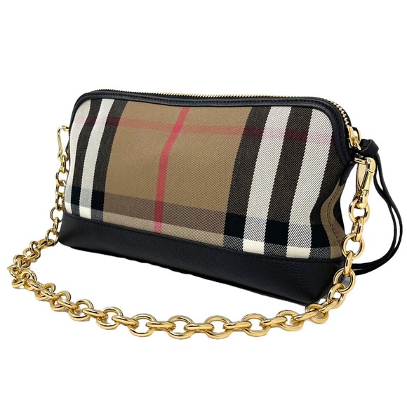 BURBERRY ABINGDON BLACK LEATHER HOUSE CHECK CANVAS CROSSBODY CHAIN CLUTCH BAG - Picture 1 of 13